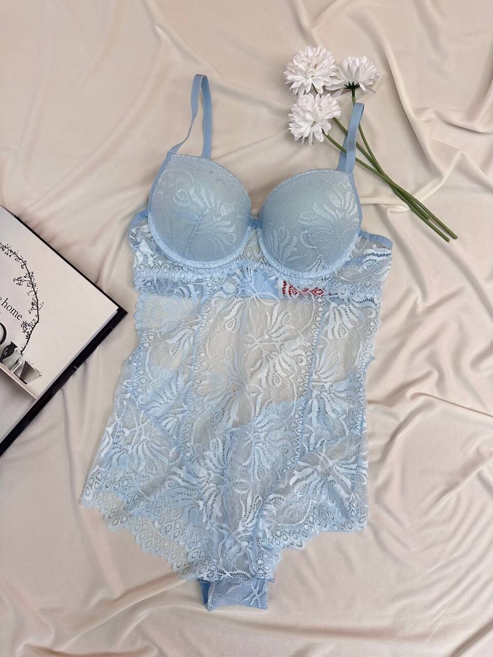 Desteksiz Dolgulu Dantel Bodysuit - Mavi