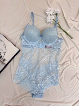 Desteksiz Dolgulu Dantel Bodysuit - Mavi