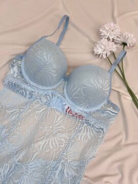 Desteksiz Dolgulu Dantel Bodysuit - Mavi