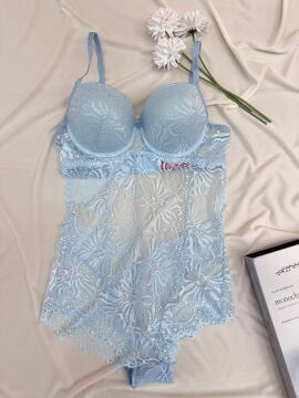 Desteksiz Dolgulu Dantel Bodysuit - Mavi