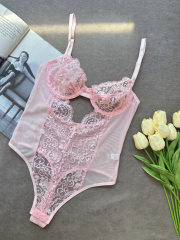 Dantel Balenli Transparan Bodysuit - Pudra
