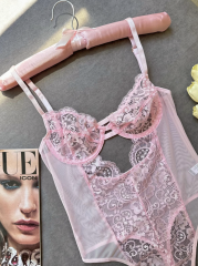 Dantel Balenli Transparan Bodysuit - Pudra