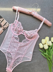 Dantel Balenli Transparan Bodysuit - Pudra