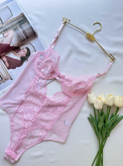 Dantel Balenli Transparan Bodysuit - Pudra
