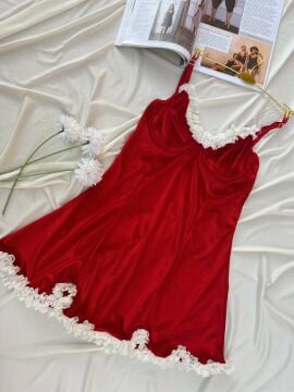 Kadife Askılı Dantelli Babydoll Gecelik - Kırmızı