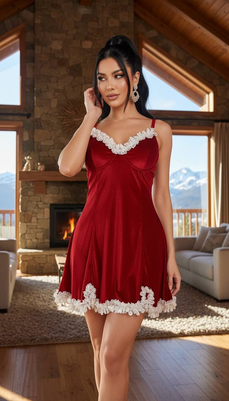 Kadife Askılı Dantelli Babydoll Gecelik - Kırmızı