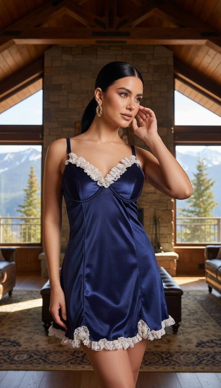 Kadife Askılı Dantelli Babydoll Gecelik - Lacivert