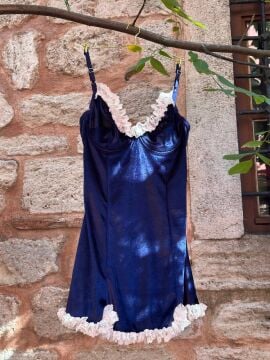 Kadife Askılı Dantelli Babydoll Gecelik - Lacivert
