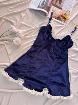 Kadife Askılı Dantelli Babydoll Gecelik - Lacivert