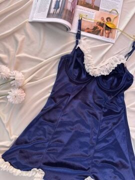 Kadife Askılı Dantelli Babydoll Gecelik - Lacivert