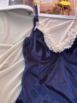 Kadife Askılı Dantelli Babydoll Gecelik - Lacivert