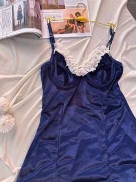 Kadife Askılı Dantelli Babydoll Gecelik - Lacivert