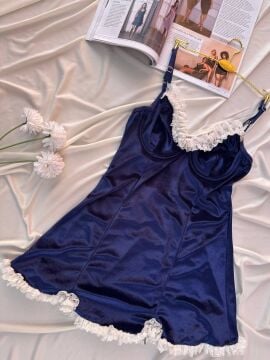 Kadife Askılı Dantelli Babydoll Gecelik - Lacivert