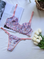 Çiçek Nakışlı Transparan Sütyen & Tanga Takımı - Lila Pudra