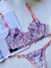 Çiçek Nakışlı Transparan Sütyen & Tanga Takımı - Lila Pudra