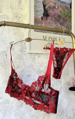Çiçek Nakışlı Transparan Sütyen & Tanga Takımı - Kırmızı Siyah