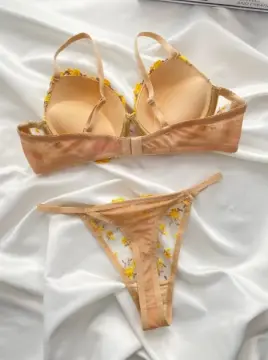 Sarı Çiçek Desenli Dantel Sütyen & Tanga Takımı