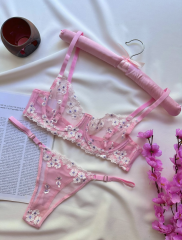 Çiçek Nakışlı Transparan Sütyen & Tanga Takımı - Pudra Beyaz