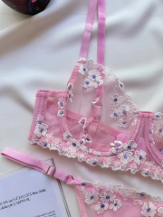 Çiçek Nakışlı Transparan Sütyen & Tanga Takımı - Pudra Beyaz