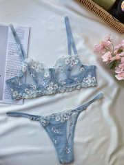 Çiçek Nakışlı Transparan Sütyen & Tanga Takımı - Mavi Beyaz