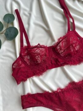 Dantelli Sütyen & Tanga Külot Takımı - Bordo