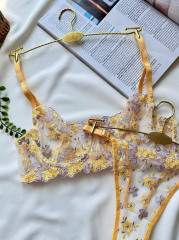 Çiçek Nakışlı Transparan Sütyen & Tanga Takımı - Sarı Mor