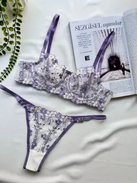 Çiçek Nakışlı Transparan Sütyen & Tanga Takımı - Lila Ekru