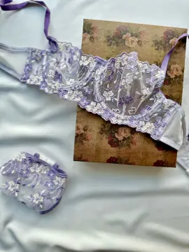 Çiçek Nakışlı Transparan Sütyen & Tanga Takımı - Lila Ekru