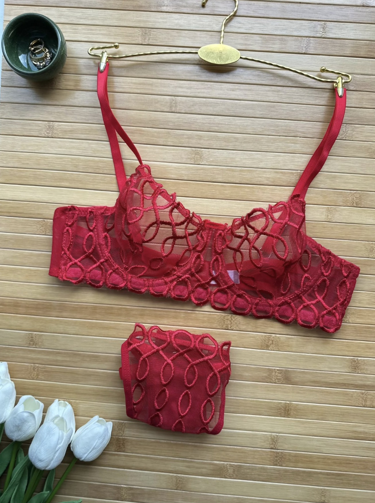 Dantel Halkalı Transparan Sütyen & Tanga Takımı - Kırmızı