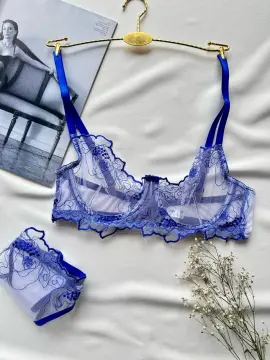 Nakışlı Transparan Dantelli Sütyen & String Takımı - Mavi