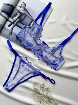 Nakışlı Transparan Dantelli Sütyen & String Takımı - Mavi