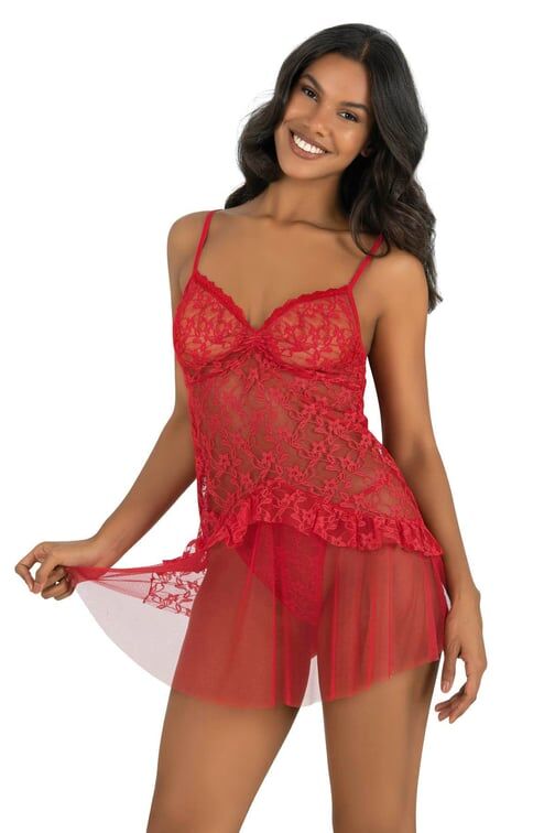 Askılı Kırmızı Dantel Detaylı, Fırfırlı Tül Etekli Transparan Babydoll