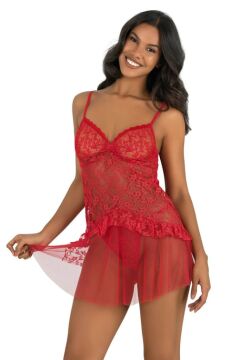 Askılı Kırmızı Dantel Detaylı, Fırfırlı Tül Etekli Transparan Babydoll