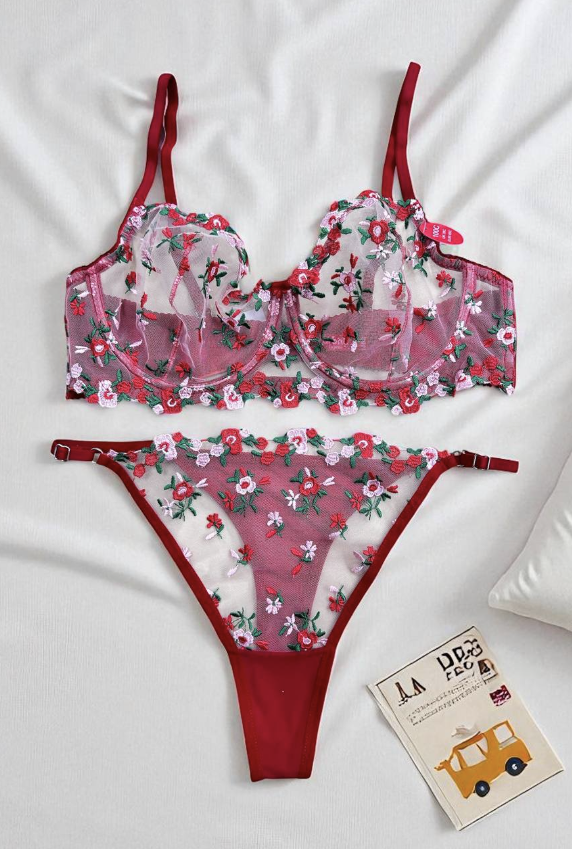 Çiçek Nakışlı Transparan Sütyen & Külot Takımı – C Cup - Çıtır Kırmızı Pembe
