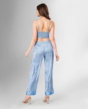 Mavi Çizgili Puantiyeli 3'lü Saten Pijama Takımı