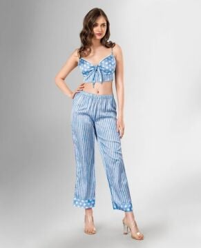Mavi Çizgili Puantiyeli 3'lü Saten Pijama Takımı