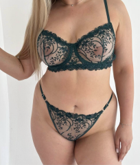 Nakışlı Transparan Sütyen & Külot Takımı – C Cup- Zümrüt Yeşili