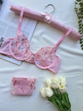 Çiçek Desenli Transparan Dantelli Sütyen & Külot Takımı - Pembe