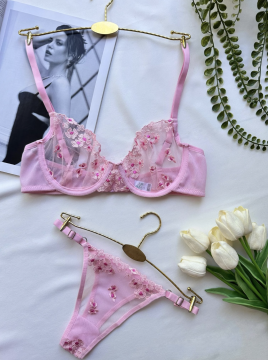 Çiçek Desenli Transparan Dantelli Sütyen & Külot Takımı - Pembe