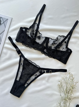 Transparan Dantelli Sütyen & String Takımı – Siyah