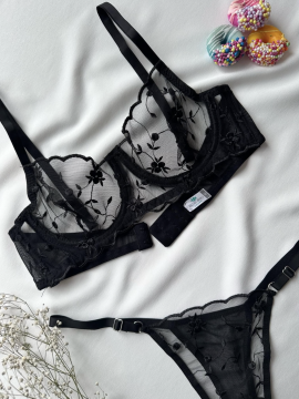 Transparan Dantelli Sütyen & String Takımı – Siyah