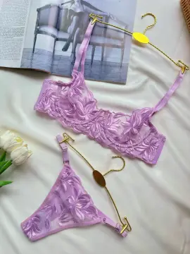 Yaprak Desenli Transparan Dantelli Sütyen & String Takımı - Lila