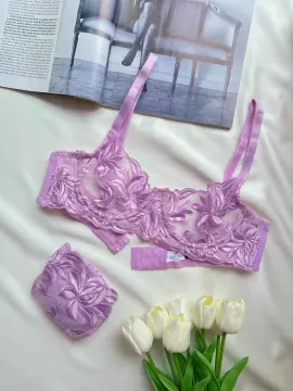 Yaprak Desenli Transparan Dantelli Sütyen & String Takımı - Lila