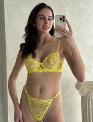 Nakışlı Transparan Sütyen & Külot Takımı - Sarı