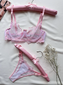 Nakışlı Transparan Dantelli Sütyen & String Takımı - Pembe