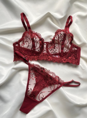 Nakışlı Transparan Sütyen & Külot Takımı - Bordo