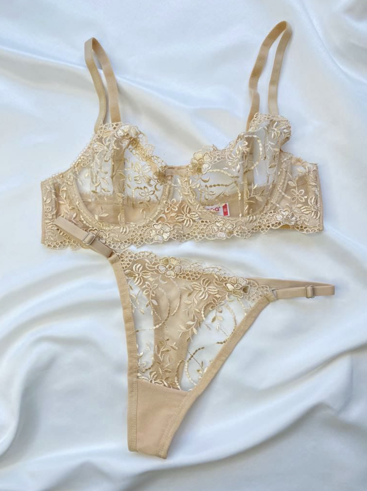 Nakışlı Transparan Sütyen & Külot Takımı - Ten