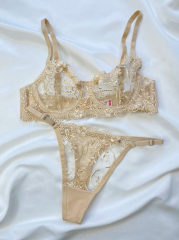 Nakışlı Transparan Sütyen & Külot Takımı - Ten