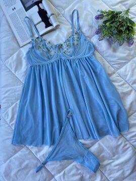 Dantelli Babydoll Gecelik & String Takım - Mavi