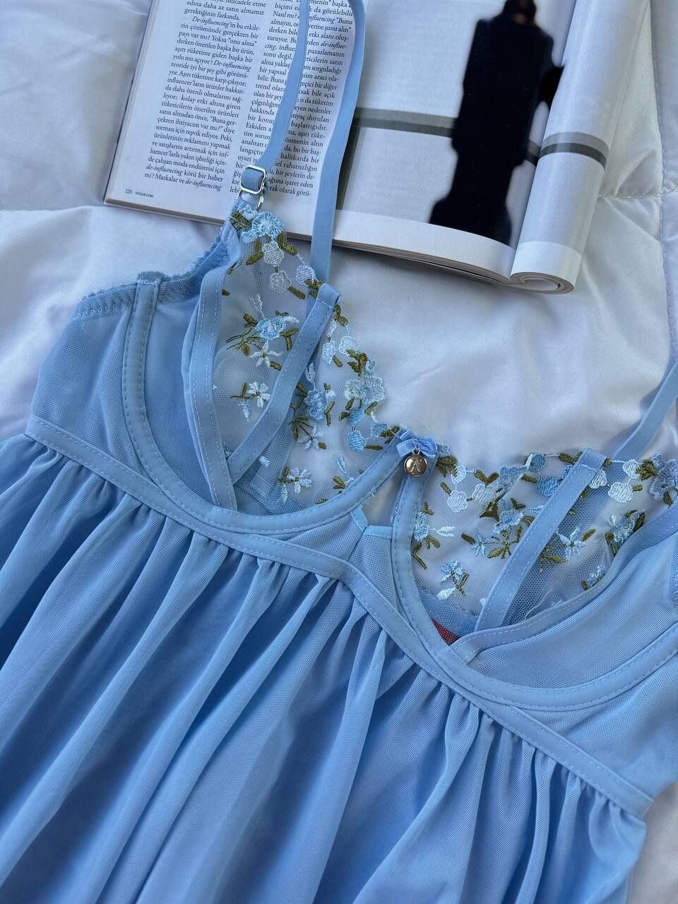 Dantelli Babydoll Gecelik & String Takım - Mavi